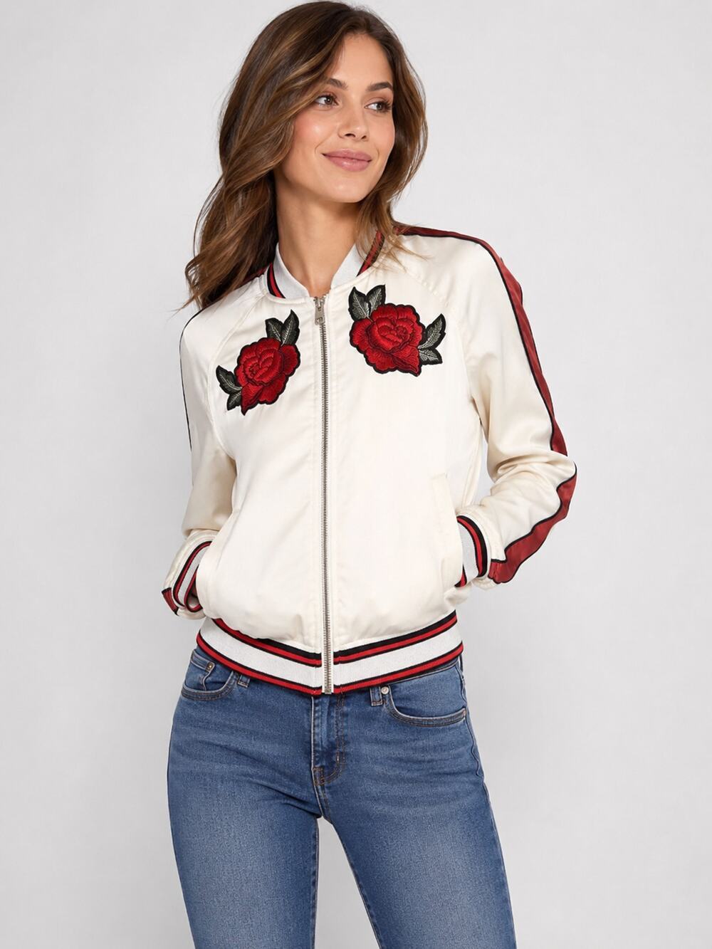 Express Satin Rose Embroidered Bomber Jacket Ivory Cream Red Stripe Women's
